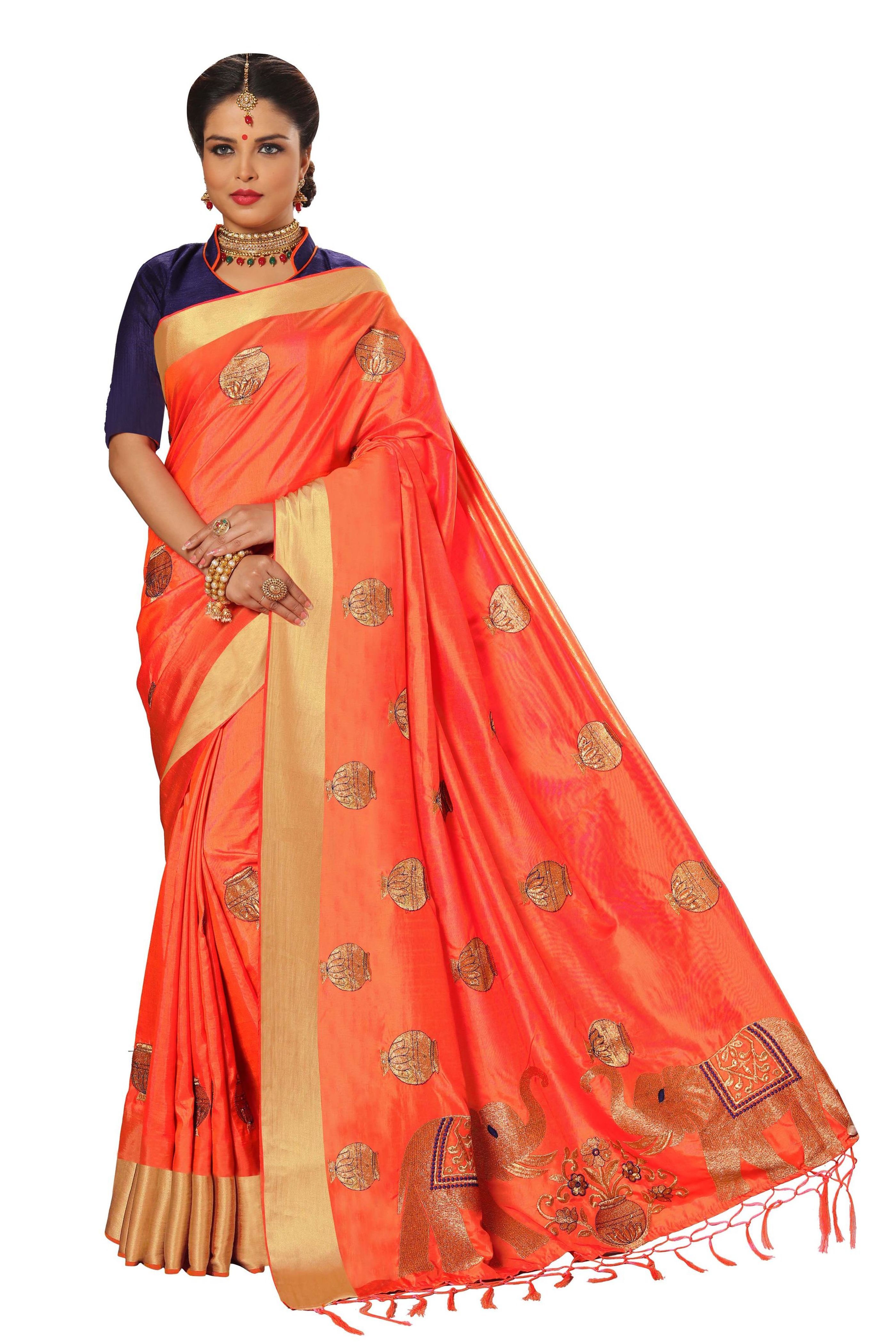 Silk Saree - 5.50 Mtr With Unstitched Dupion Blouse Piece, Embroidered Jacquard Border Design In Red, Orange, Pink, Blue, And Turquoise Colors