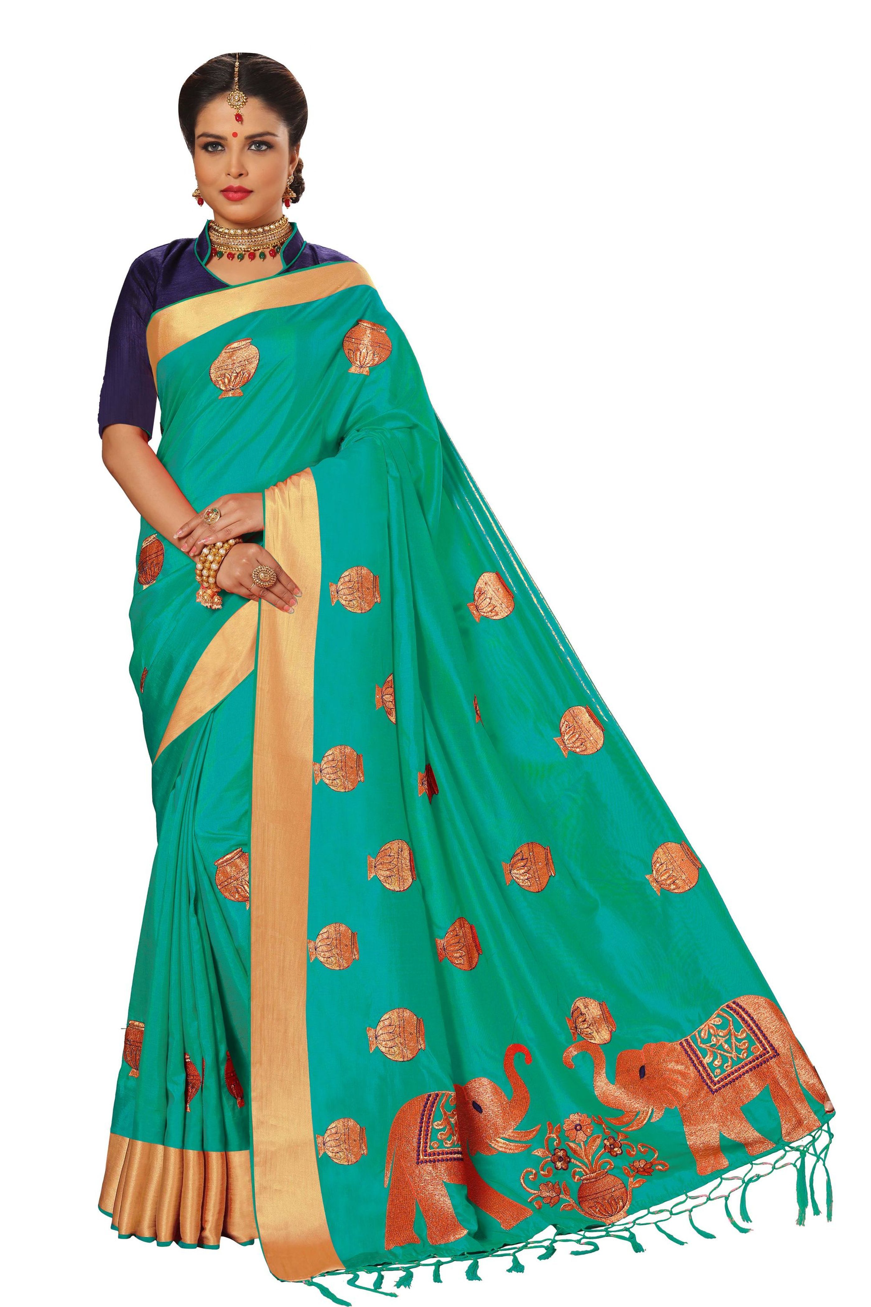 Silk Saree - 5.50 Mtr With Unstitched Dupion Blouse Piece, Embroidered Jacquard Border Design In Red, Orange, Pink, Blue, And Turquoise Colors