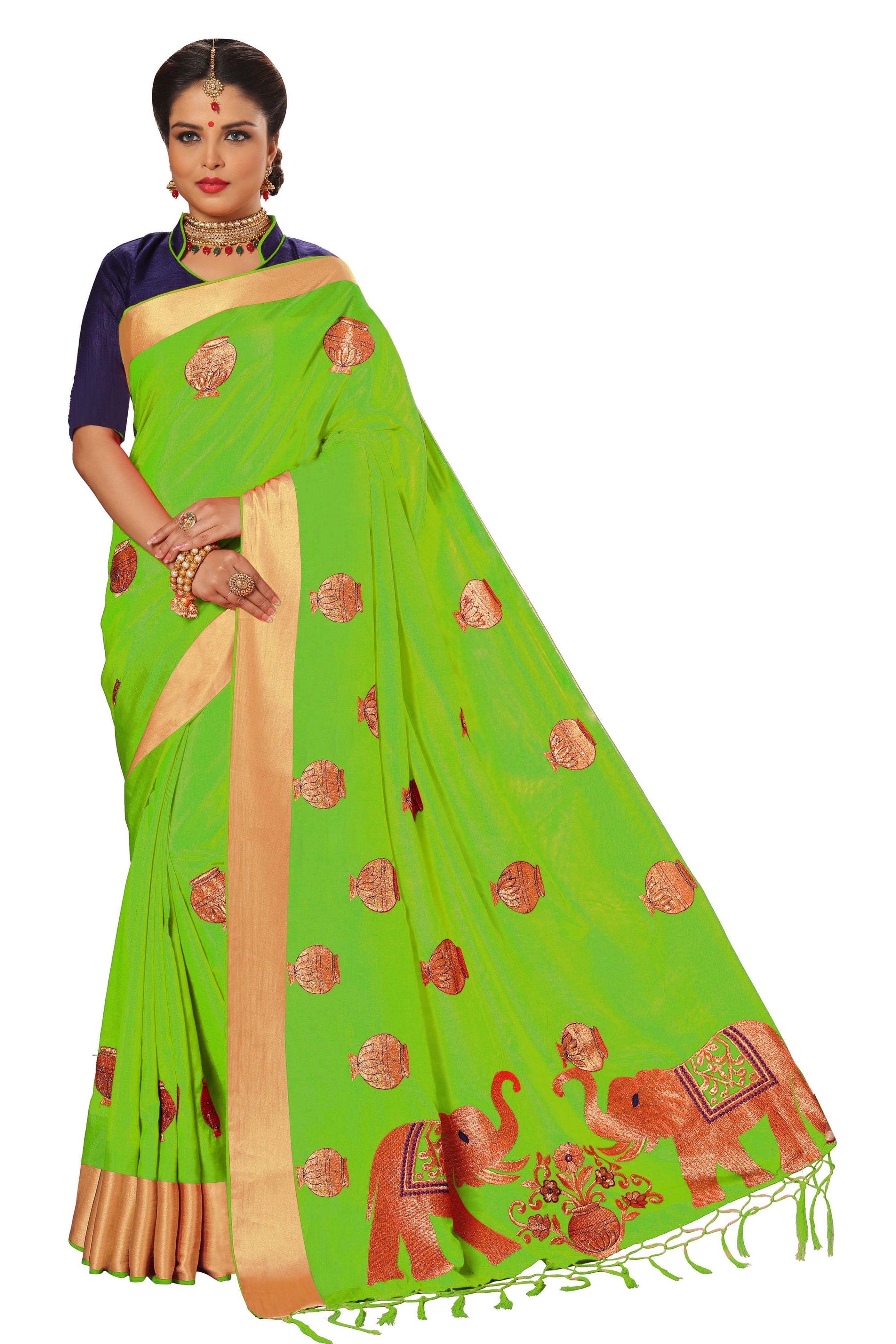 Silk Saree - 5.50 Mtr With Unstitched Dupion Blouse Piece, Embroidered Jacquard Border Design In Red, Orange, Pink, Blue, And Turquoise Colors