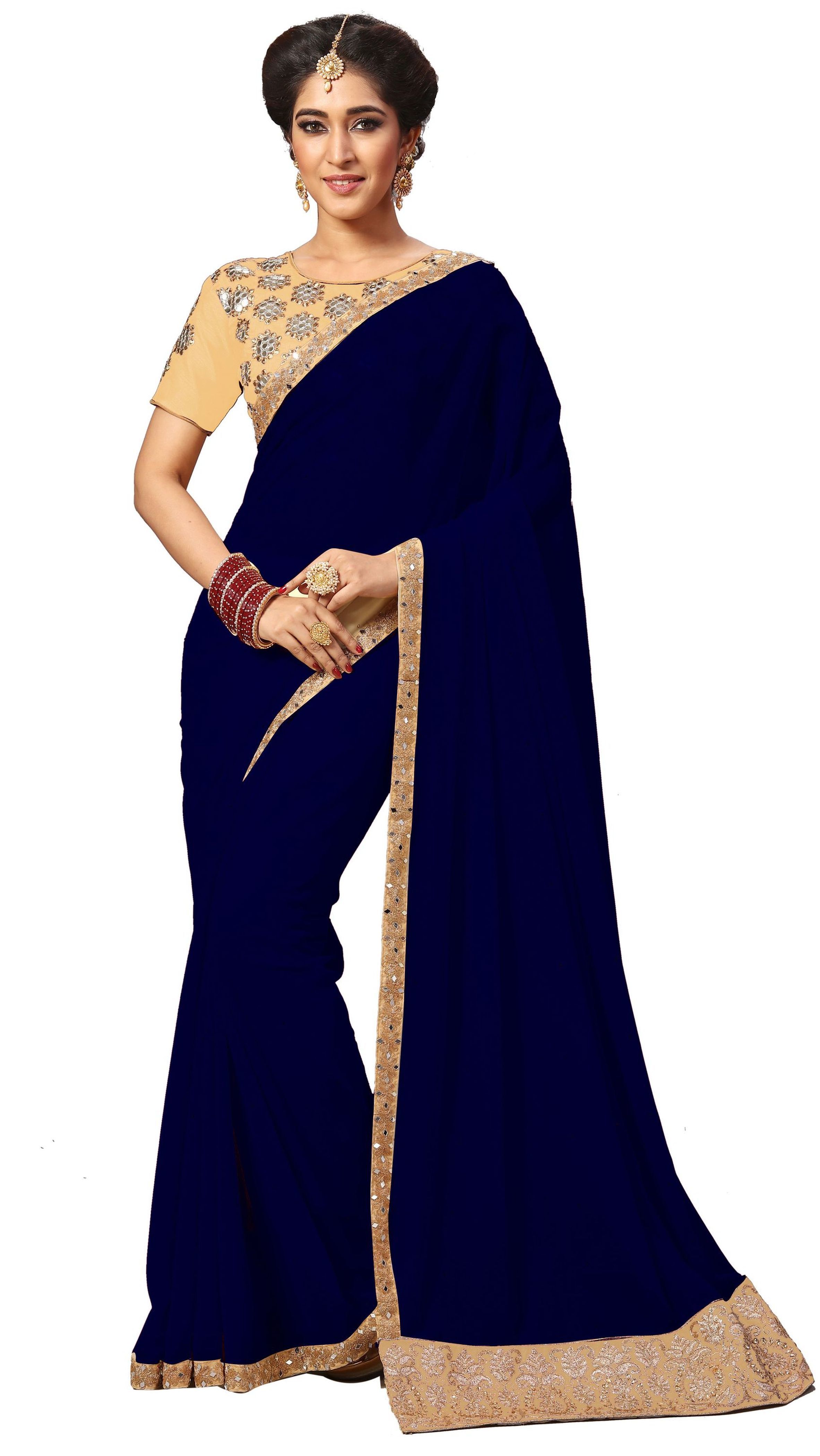 Beige Georgette Mirror Embroidery Border Work Saree