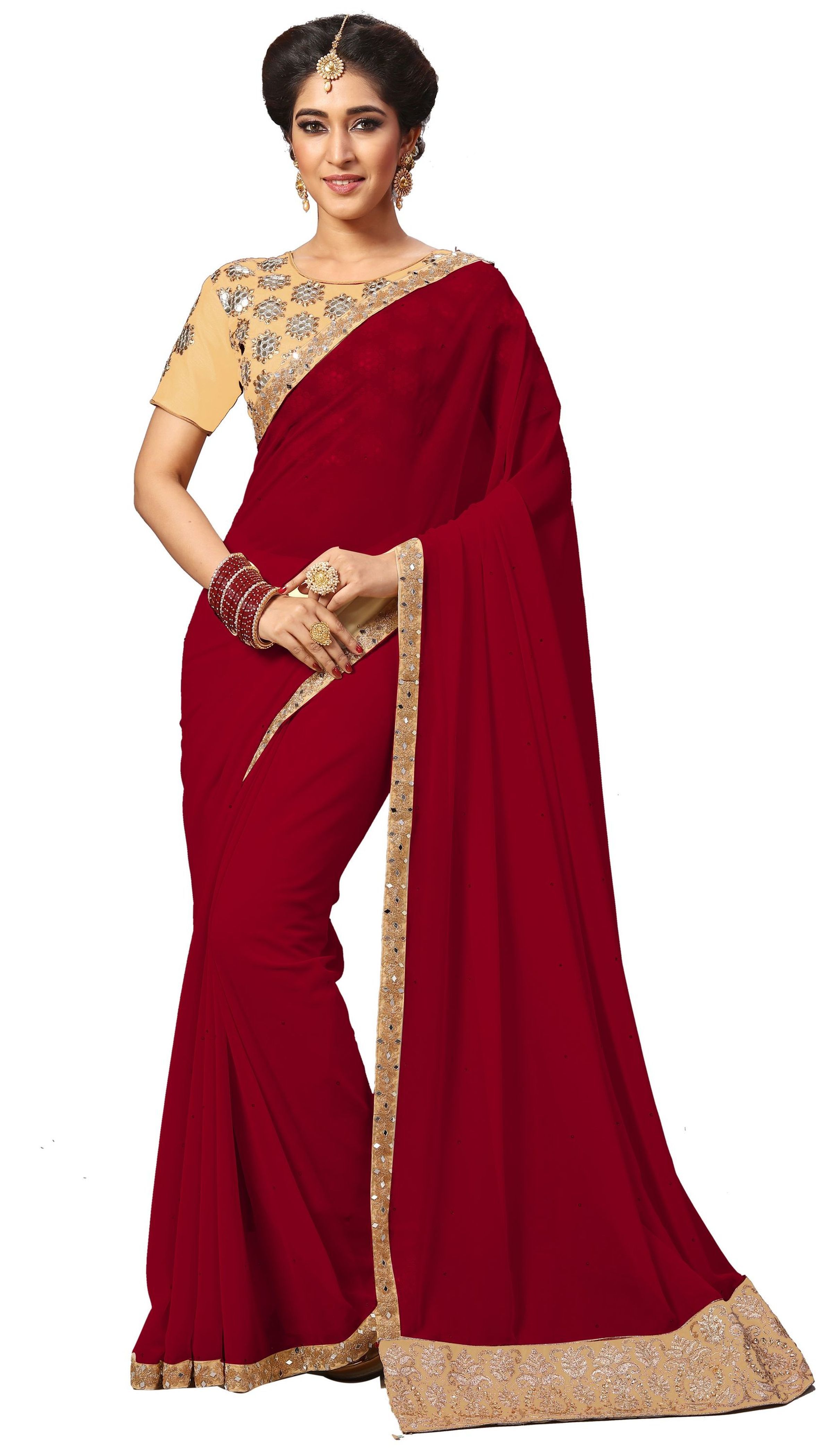 Beige Georgette Mirror Embroidery Border Work Saree