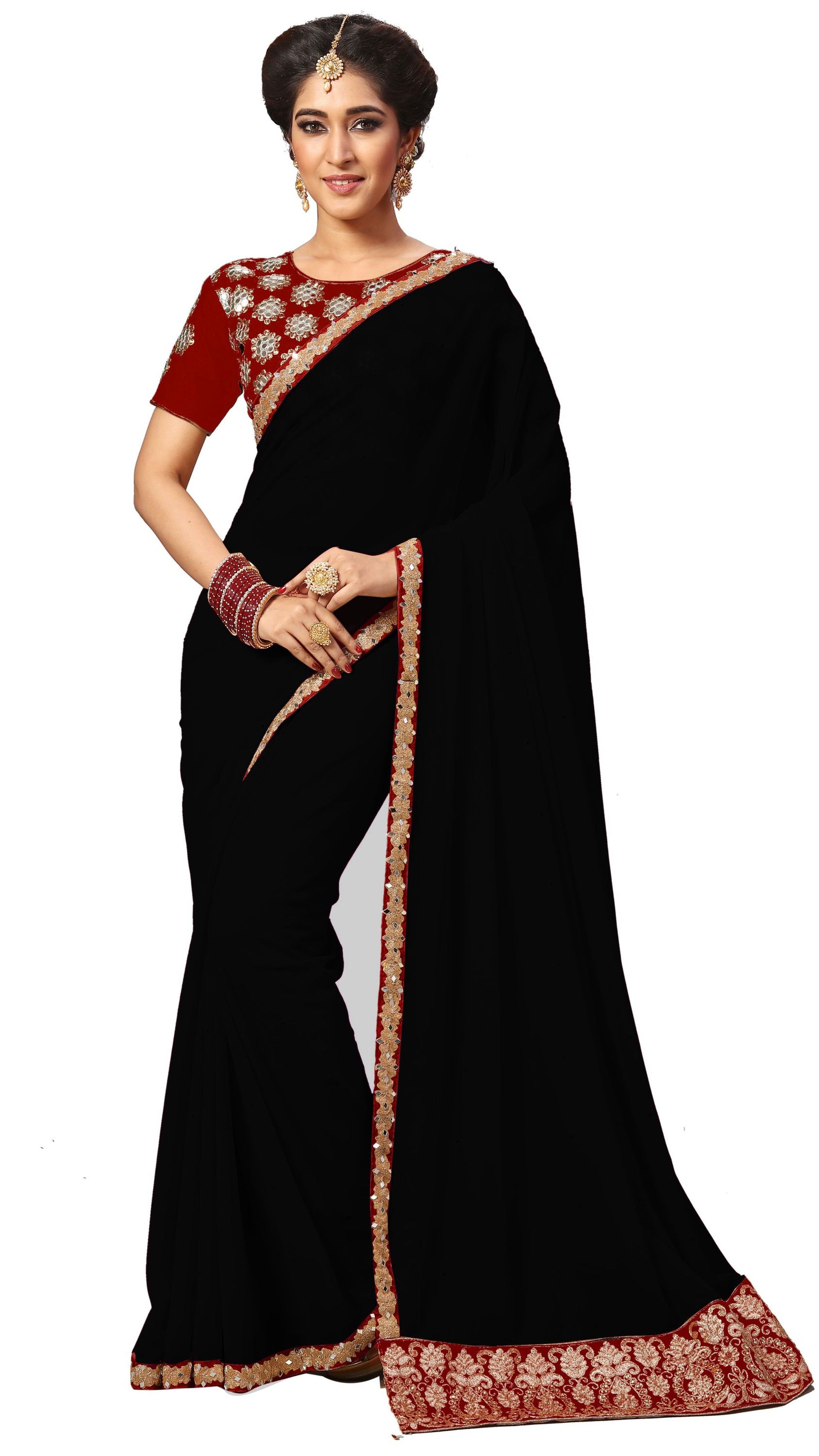 Beige Georgette Mirror Embroidery Border Work Saree