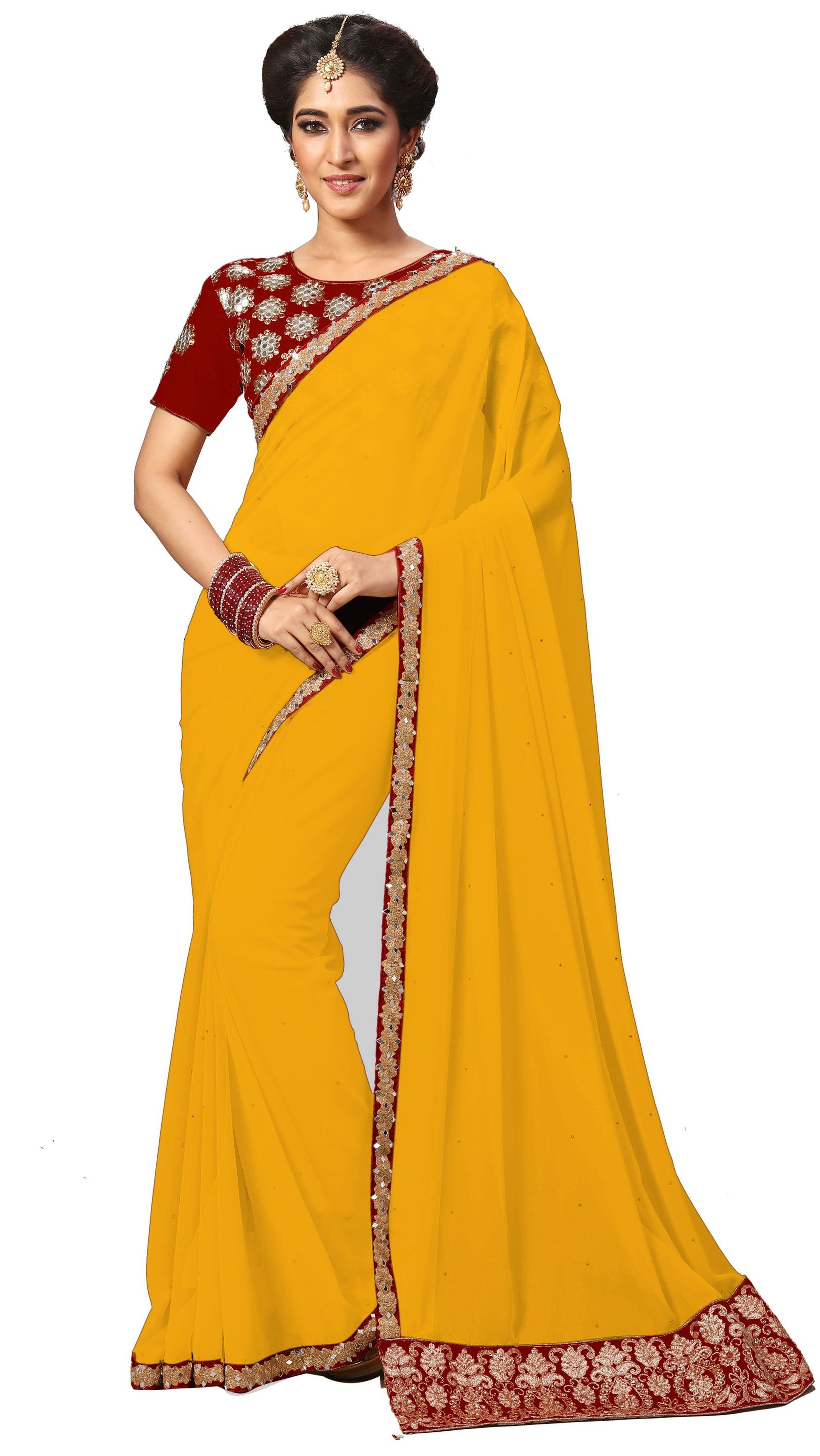 Beige Georgette Mirror Embroidery Border Work Saree