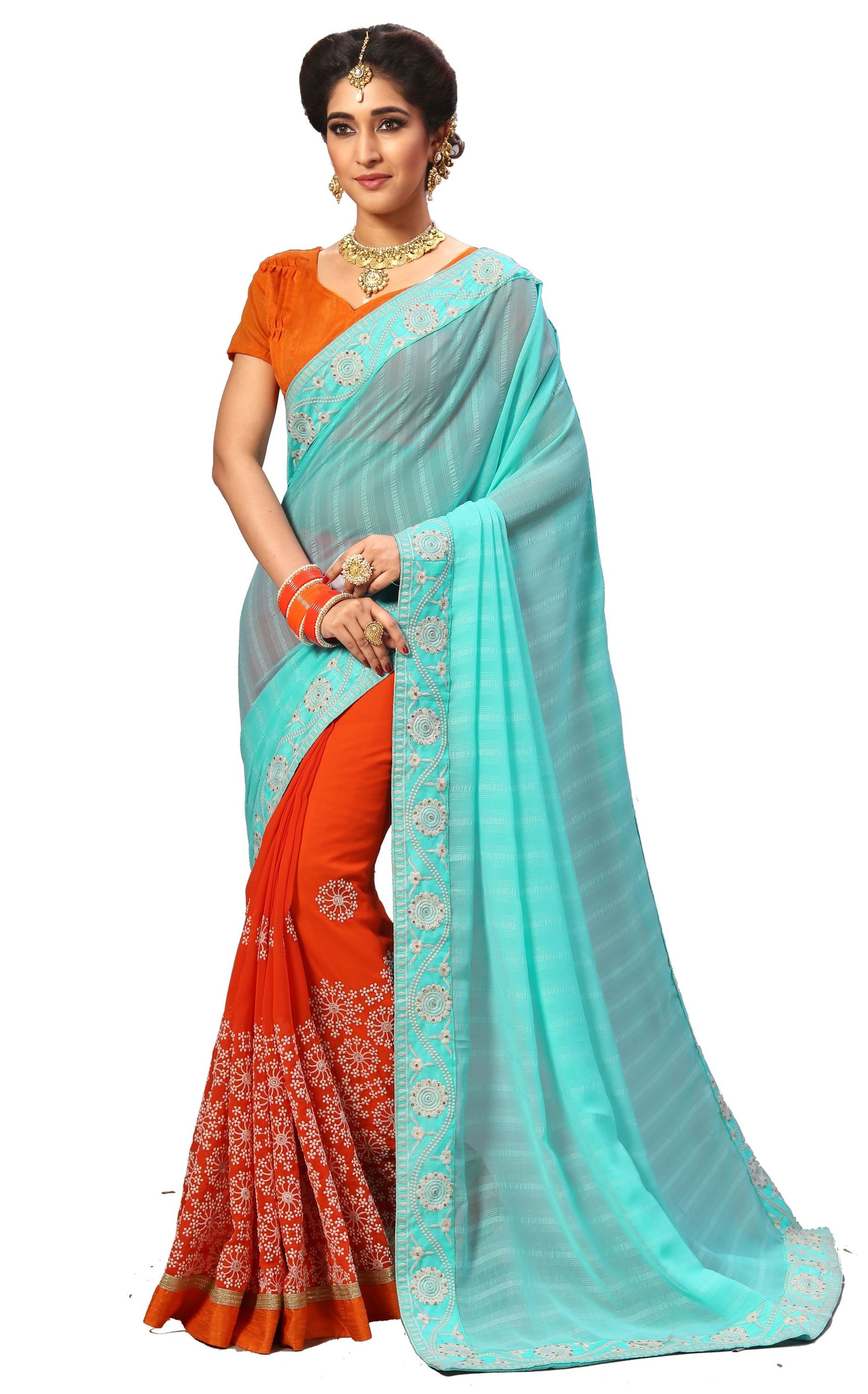 Turquoise Satin Embroidery Border Work Saree