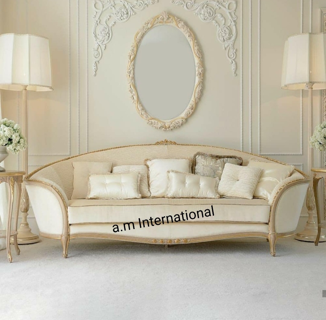 Handmade Teak Sofa Set - 6 Seater With Floral Carving Premium Suede Finish | Modern European Style Lightweight No Assembly Required Elegant Indoor Furniture