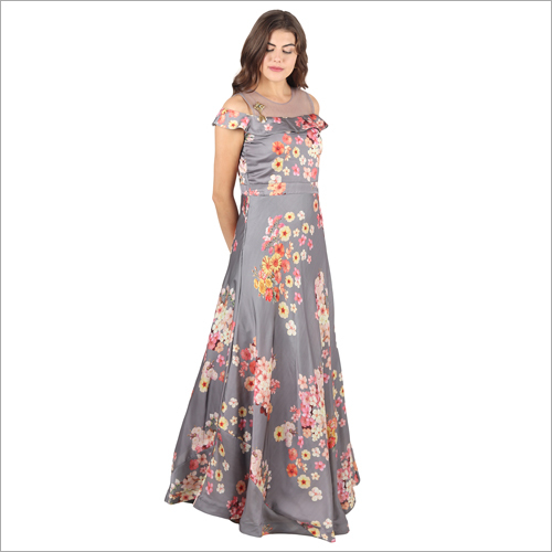 प्रिंटेड ऑफ शोल्डर गाउन