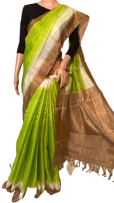 Ladies Tussar Pallu Saree - Pure Tussar (Kosa) Silk With Special Border Jari Woven Pallu Running Blouse | Perfect For Party Wear In All Seasons