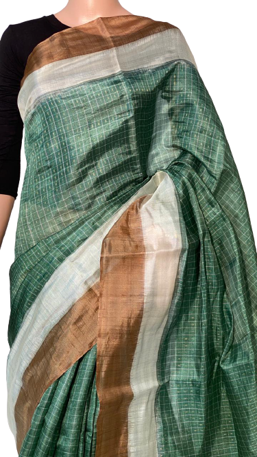 Ladies Tussar Pallu Saree - Pure Tussar (Kosa) Silk With Special Border Jari Woven Pallu Running Blouse | Perfect For Party Wear In All Seasons