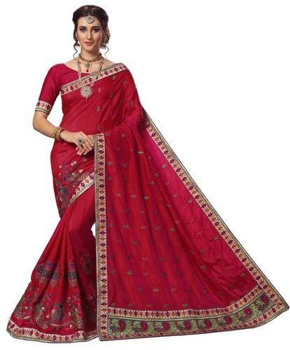 ब्लू सिल्क एथनिक डिज़ाइन वाइड एम्ब्रॉयडरी बॉर्डर, स्टोन वर्क साड़ी