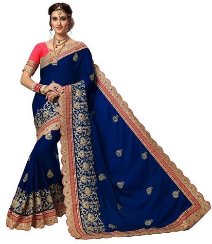 Blue Silk Mirror Work Heavy Embroidery Design Saree