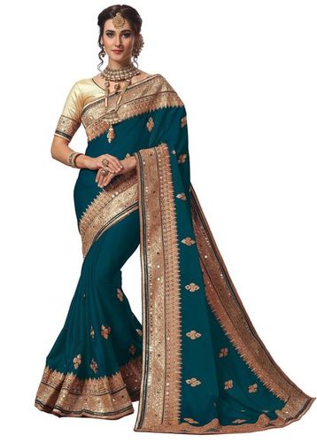 मॉर्पिच सैटिन हैवी मिरर एम्ब्रायडरी वर्क साड़ी