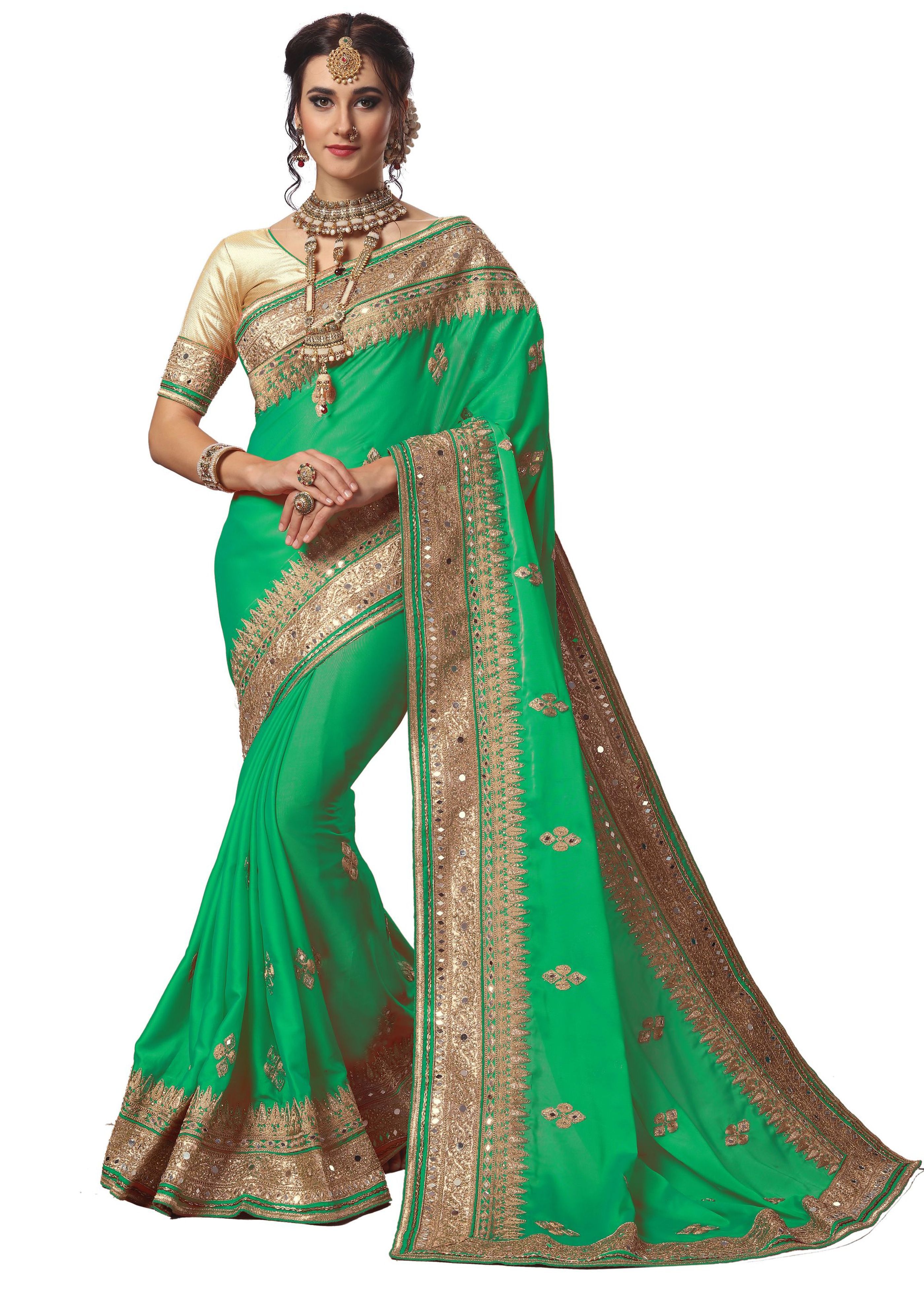Satin Saree - 5.50 Meters Length, Embroidered Heavy Mirror Work With Unstitched Brocade Blouse Piece, Perfect For Festive And Wedding Occasions