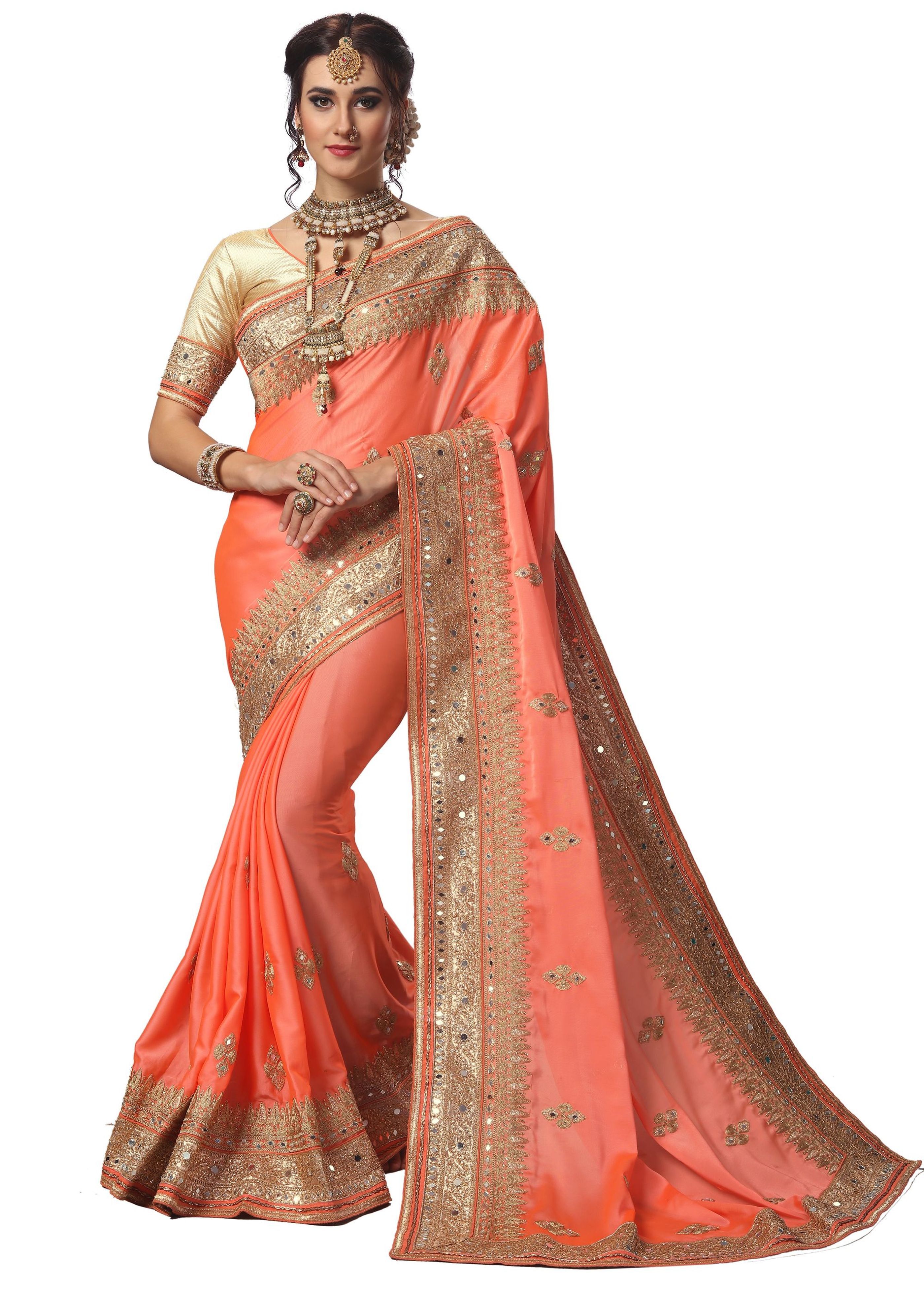 Satin Saree - 5.50 Meters Length, Embroidered Heavy Mirror Work With Unstitched Brocade Blouse Piece, Perfect For Festive And Wedding Occasions