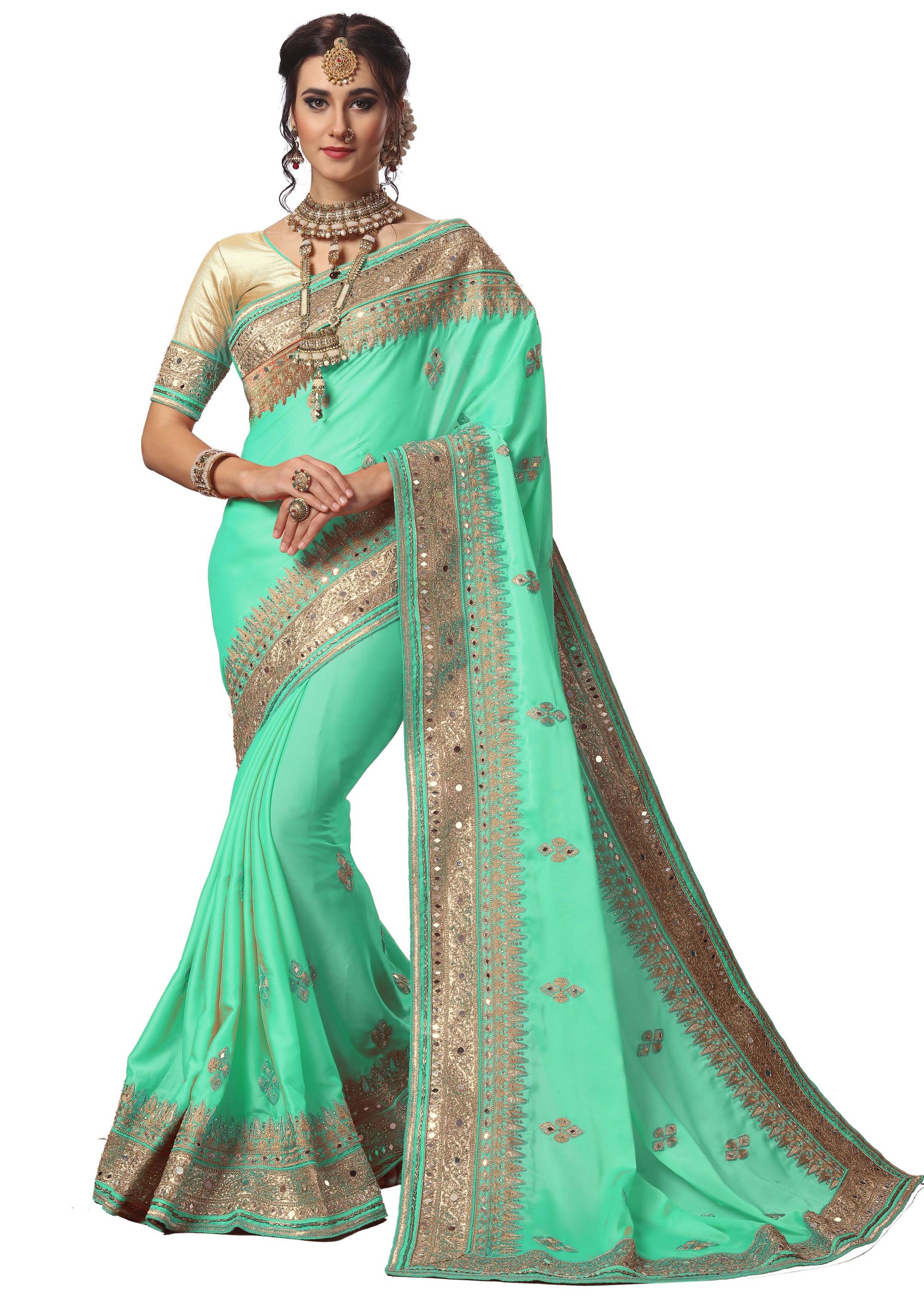 Red Satin Heavy Mirror Embroidery Work Saree
