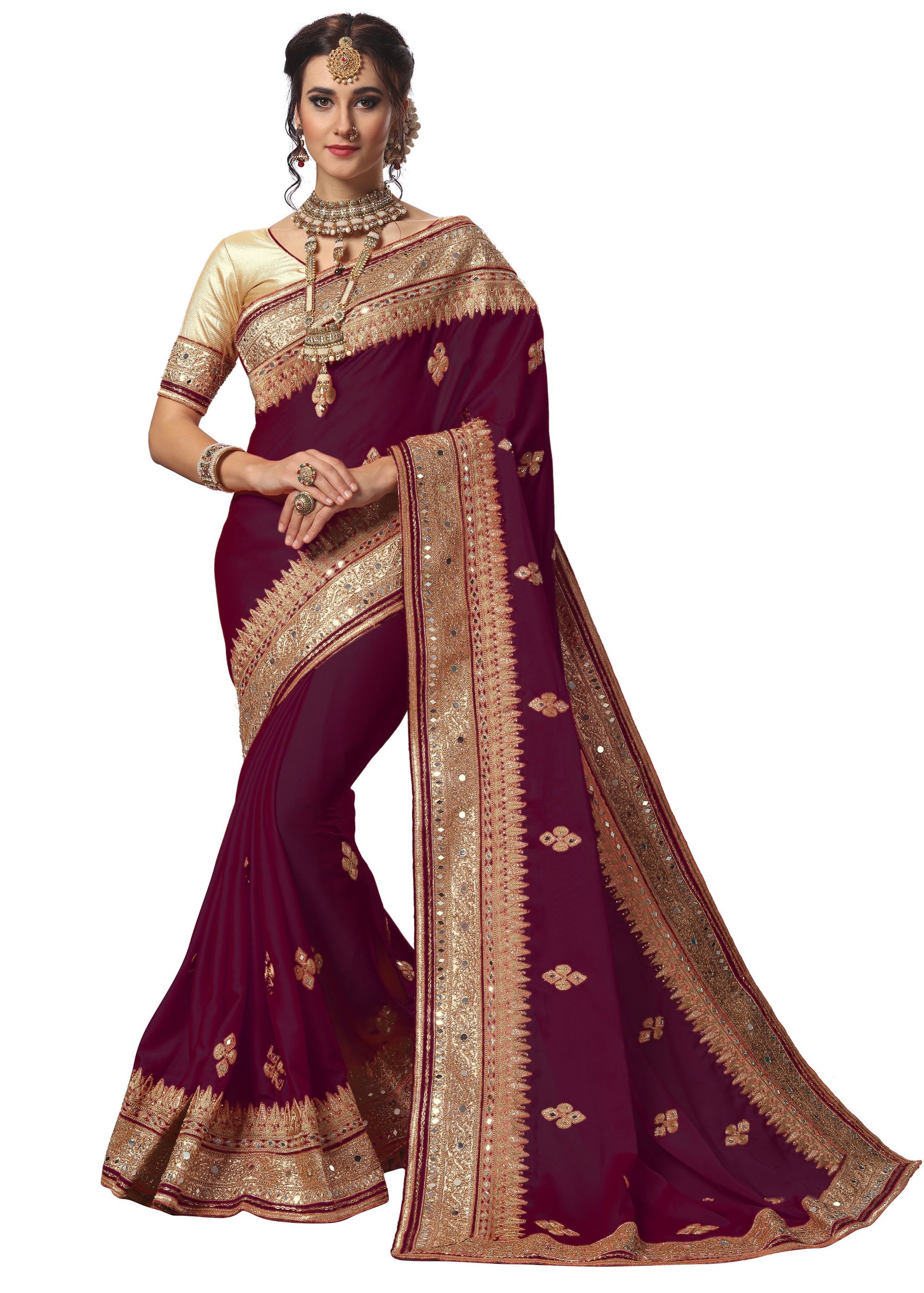 Red Satin Heavy Mirror Embroidery Work Saree