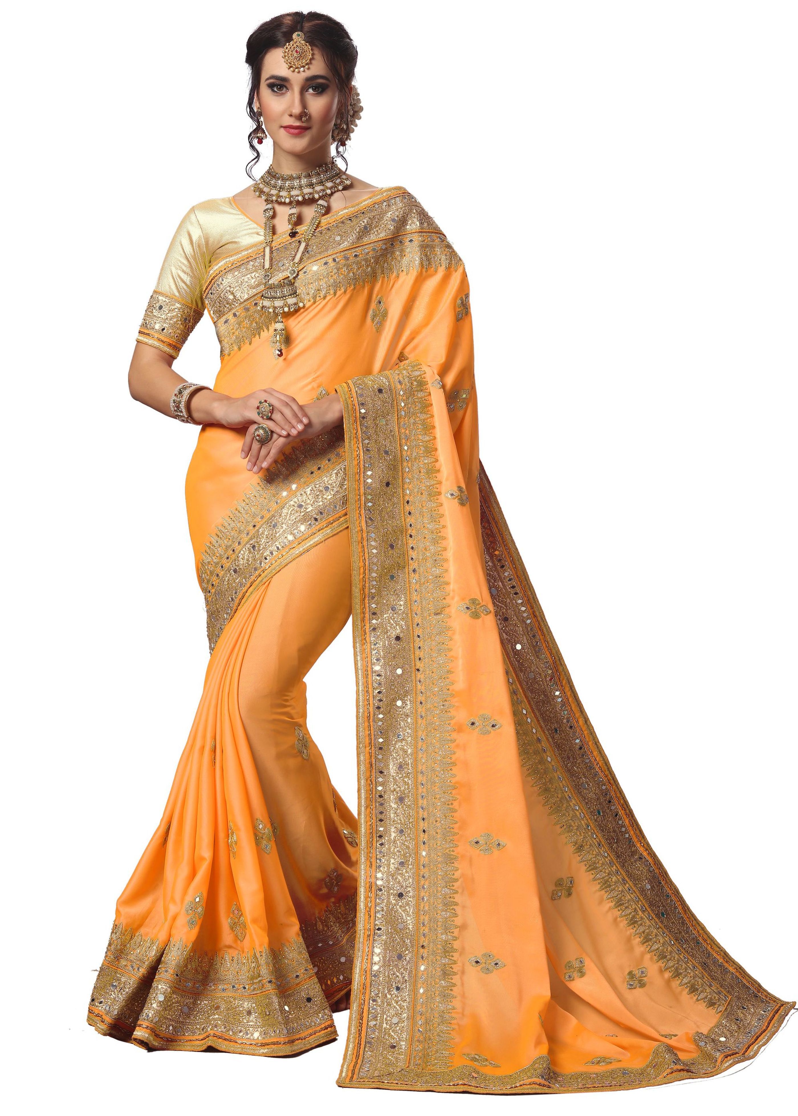 Red Satin Heavy Mirror Embroidery Work Saree