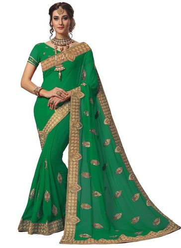 Georgette Saree - Golden Embroidery Work, 5.50 Meters Length with Unstitched Blouse Piece, Ideal for Festive and Party Occasions