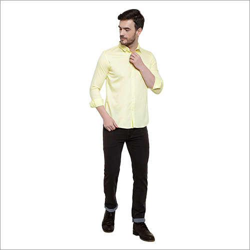 Men's Full Sleeve Cotton Shirt - Yellow Color, Washable, Plain Design