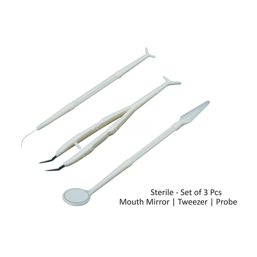 Disposable Pmt Set - Plastic White | Dental Disposable Kit With Mirror Tweezer Probe & Bibs For Hospital & Clinical Use Set Of 3 Pcs