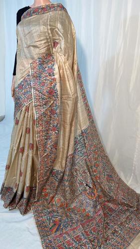 Party Wear Madhubani Hand Painted Pure Tussar (Kosa) Silk Saree .