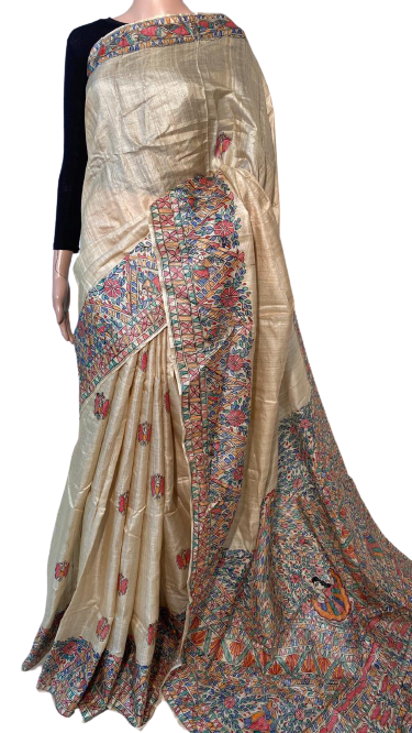 Madhubani Hand Painted Pure Tussar (Kosa) Silk Saree - 6.5 Meters Blouse Included | Party Wear Woven Pattern Suitable For All Seasons