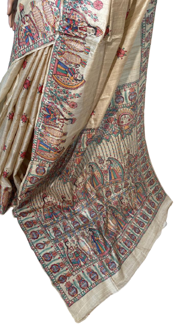 Madhubani Hand Painted Pure Tussar (Kosa) Silk Saree - 6.5 Meters Blouse Included | Party Wear Woven Pattern Suitable For All Seasons