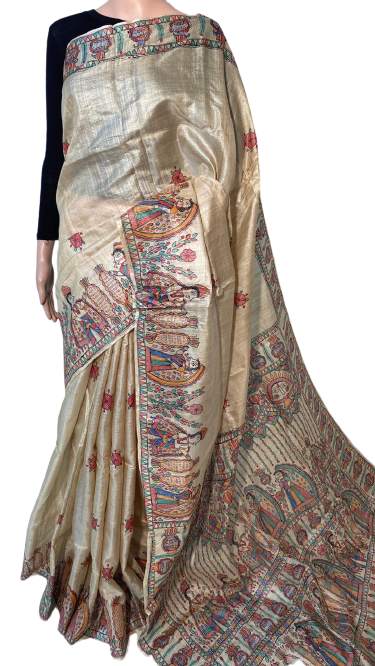 Madhubani Hand Painted Pure Tussar (Kosa) Silk Saree - 6.5 Meters Blouse Included | Party Wear Woven Pattern Suitable For All Seasons