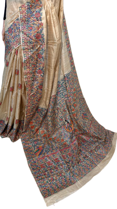 Madhubani Hand Painted Pure Tussar (Kosa) Silk Saree - 6.5 Meters Blouse Included | Party Wear Woven Pattern Suitable For All Seasons