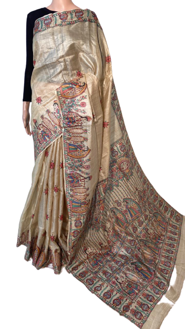 Madhubani Hand Painted Pure Tussar (Kosa) Silk Saree - 6.5 Meters Blouse Included | Party Wear Woven Pattern Suitable For All Seasons