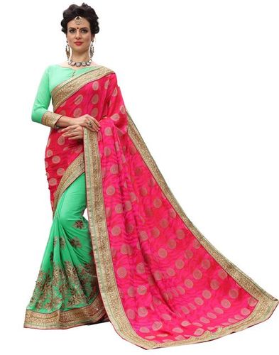 Jacquard & Chiffon Saree - 5.50 Mtr Length, Pink & Green Color | Heavy Embroidered Mirror Work, Traditional Ethnic Design, Unstitched Blouse Piece