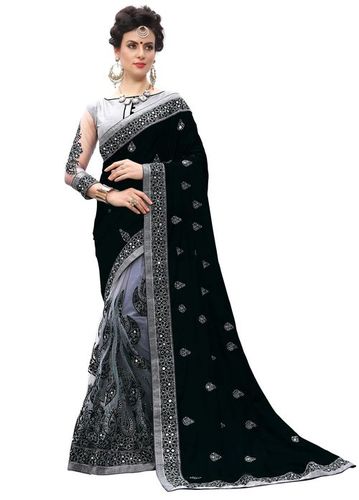 Orange Silk & Net Ethnic Design Embroidered Mirror Work Saree