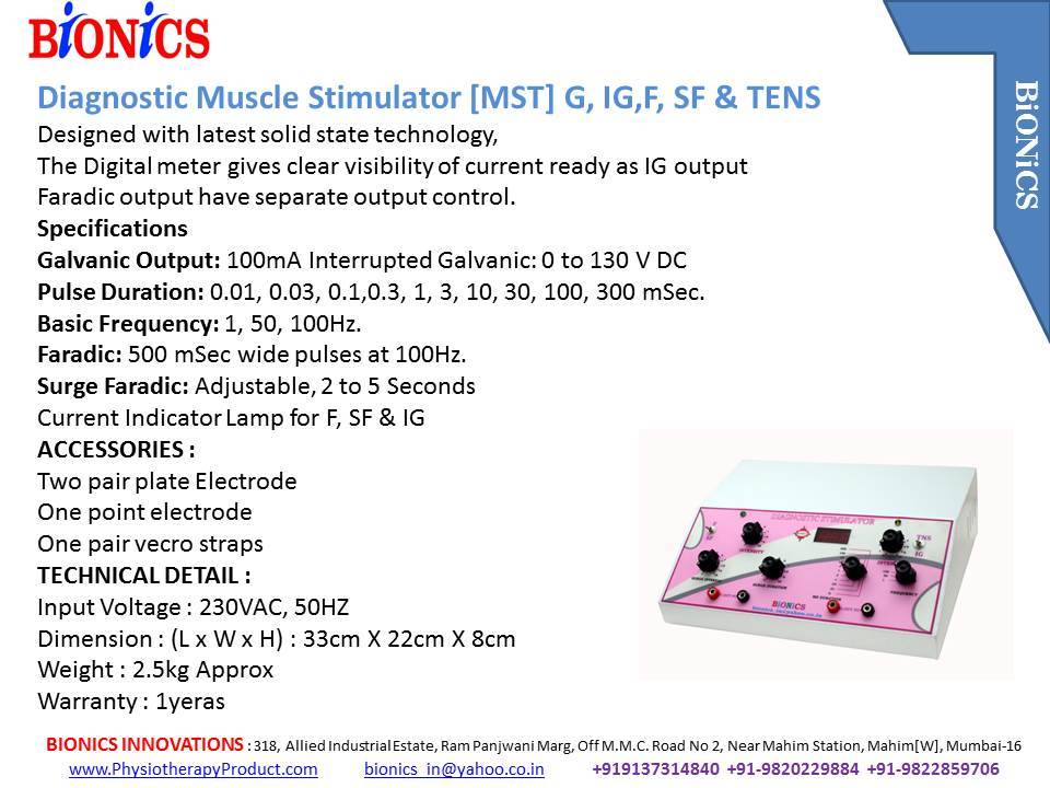 Diagnostic Muscle Stimulator - 100ma Galvanic Output | 33cm X 22cm X 8cm, 2.5kg Weight, 1 Year Warranty, Pulse Duration 0.01 To 300 M/sec, Frequency 1-100hz
