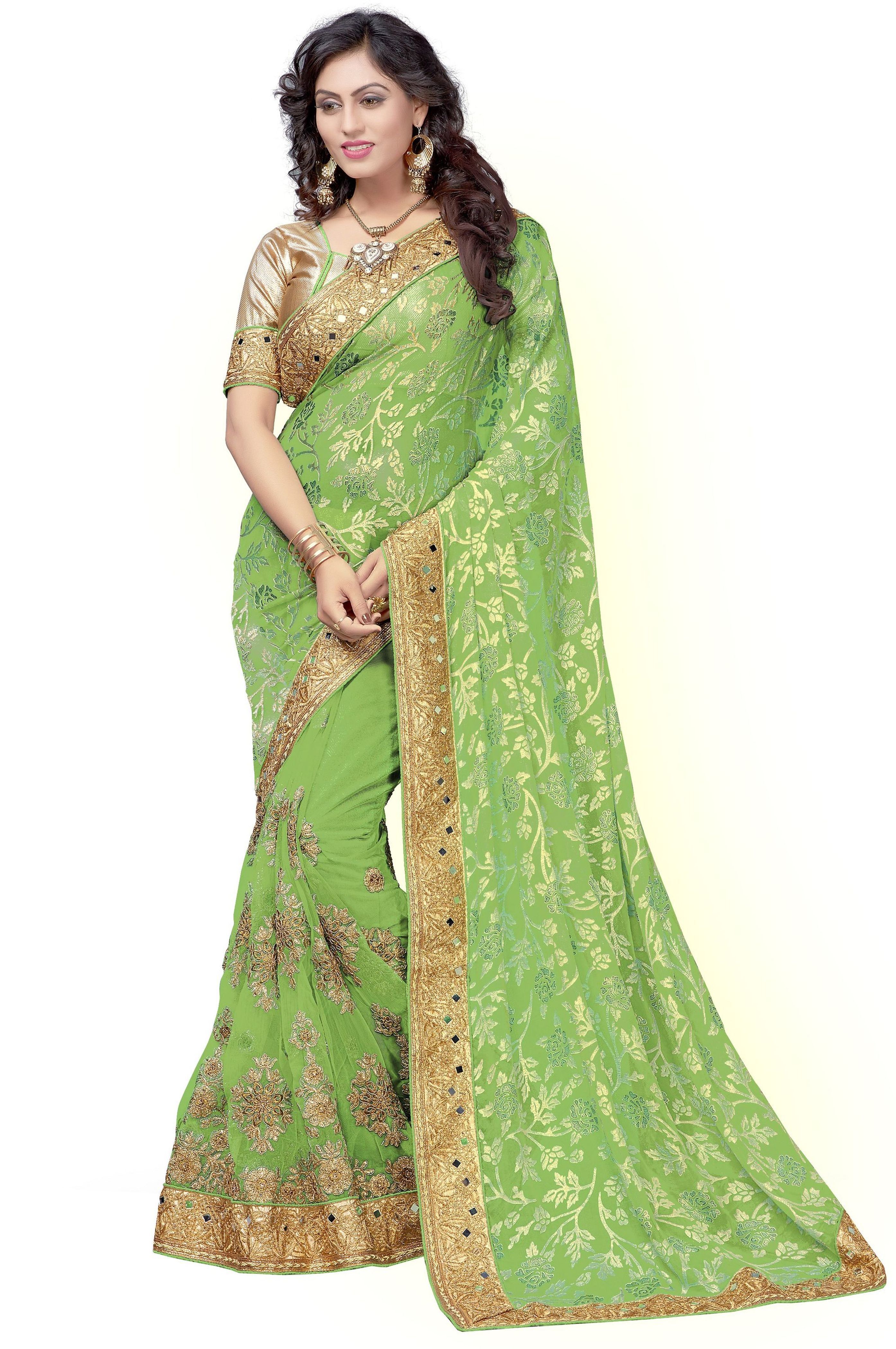 Heavy Embroidered Mirror Work Half & Half Saree - Brasso & Net Fabric, 5.50 Mt Length, Unstitched Brocade Blouse Piece, Ideal For Festive Occasions, Available In Green, Pink, Peach & Turquoise