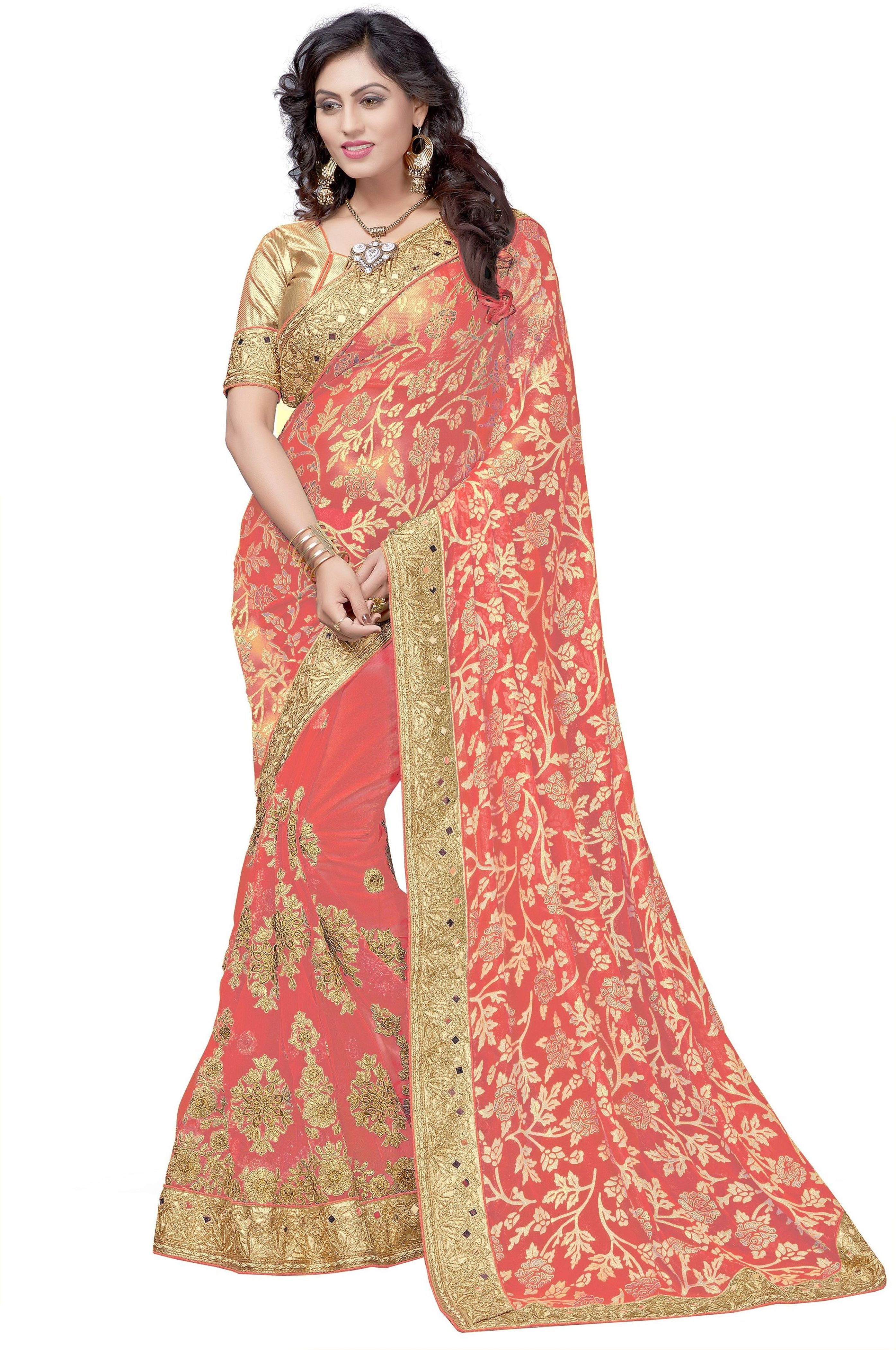 Heavy Embroidered Mirror Work Half & Half Saree - Brasso & Net Fabric, 5.50 Mt Length, Unstitched Brocade Blouse Piece, Ideal For Festive Occasions, Available In Green, Pink, Peach & Turquoise
