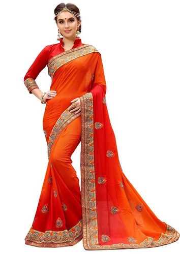 पिंक सैटिन शिफॉन बीड्स एम्ब्रॉयडरी वर्क, ओम्ब्रे पैटर्न साड़ी