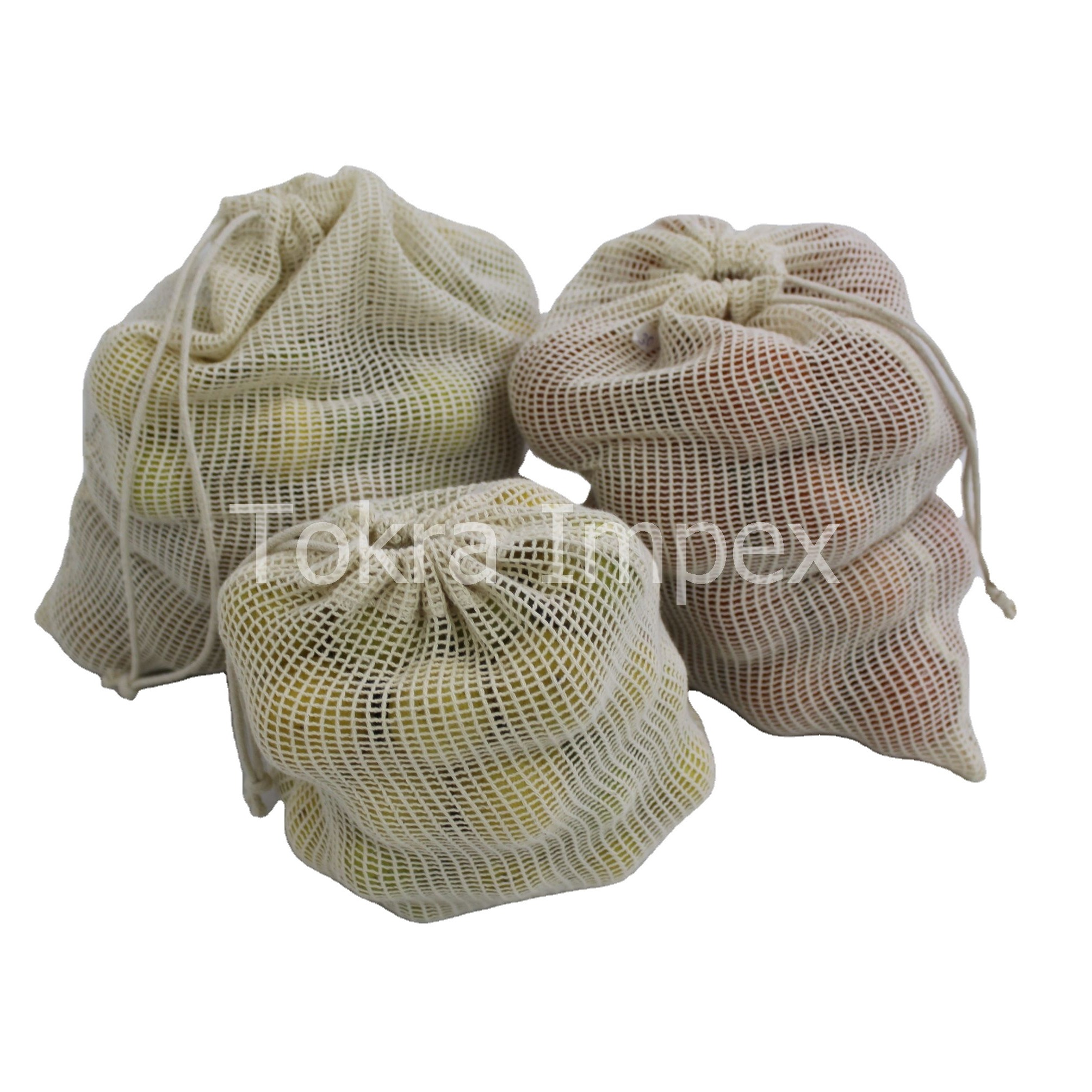 Cotton Mesh Drawstring Bags - 25x20, 33x25, 38x30 Cm Sizes | Eco-friendly, Reusable, Perfect For Vegetable Storage