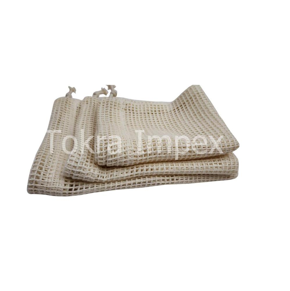 Cotton Mesh Drawstring Bags - 25x20, 33x25, 38x30 Cm Sizes | Eco-friendly, Reusable, Perfect For Vegetable Storage