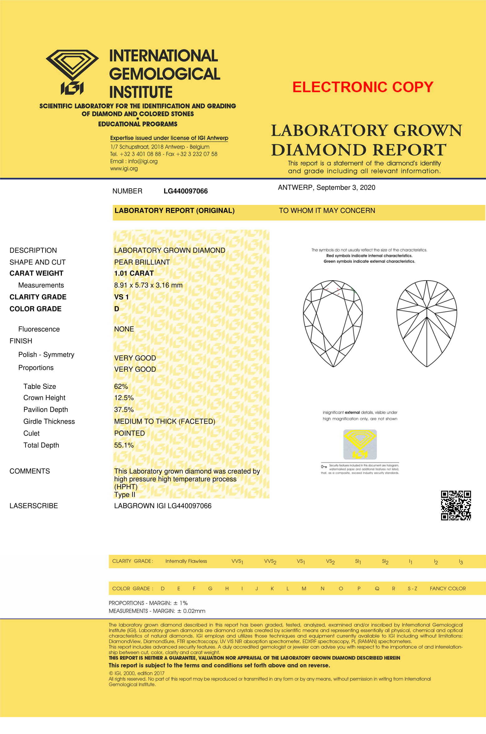 Pear Cut 1.01ct Lab Grown Diamond Cvd D Vs1 Igi Crtified Stone Place Of Origin: India