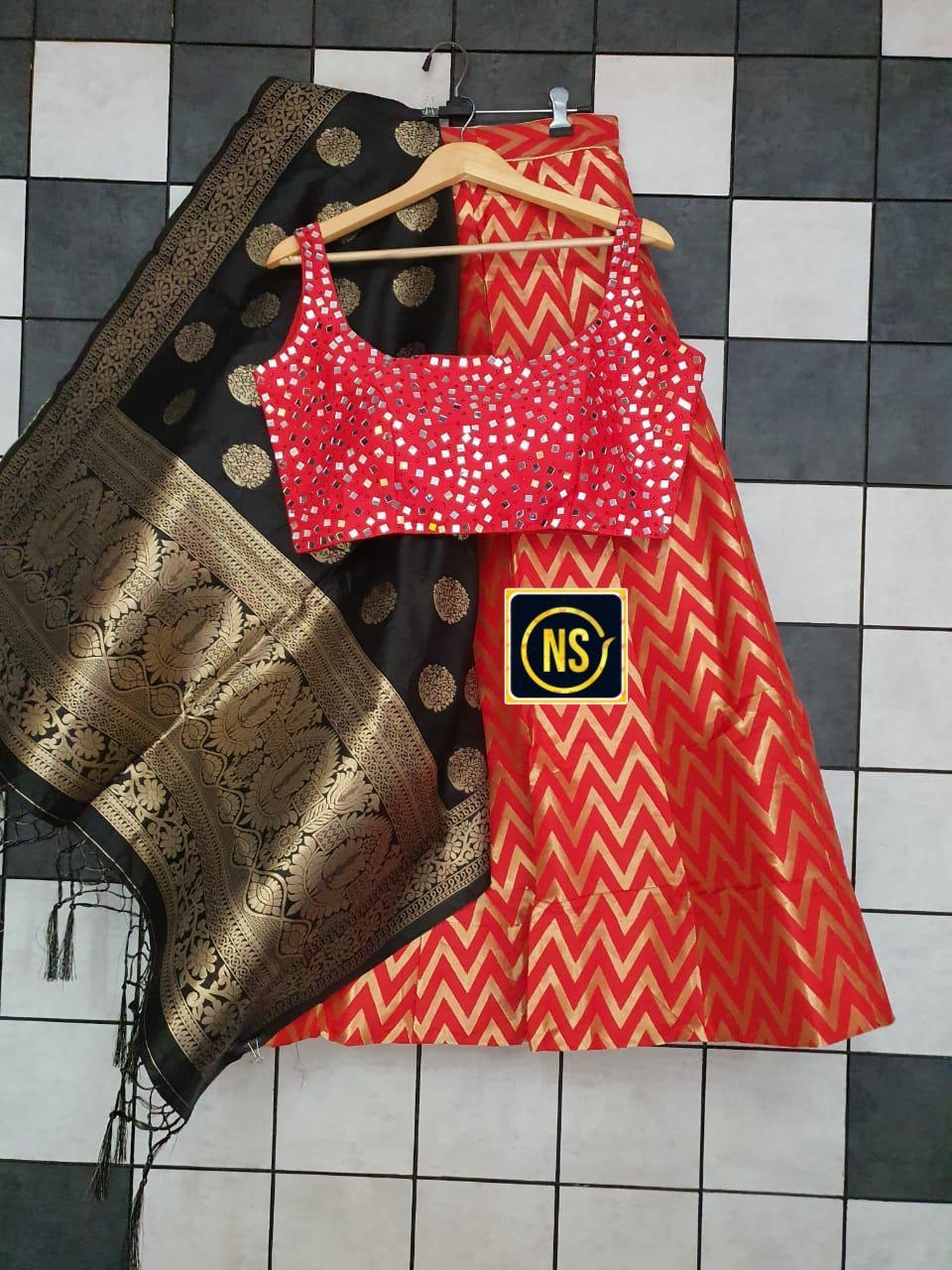 Banarasi Lehenga - Silk, Large Size | Multi Colour, Customized Stitching, Printed Design, Sleeveless Style, Ethnic Indian Wear