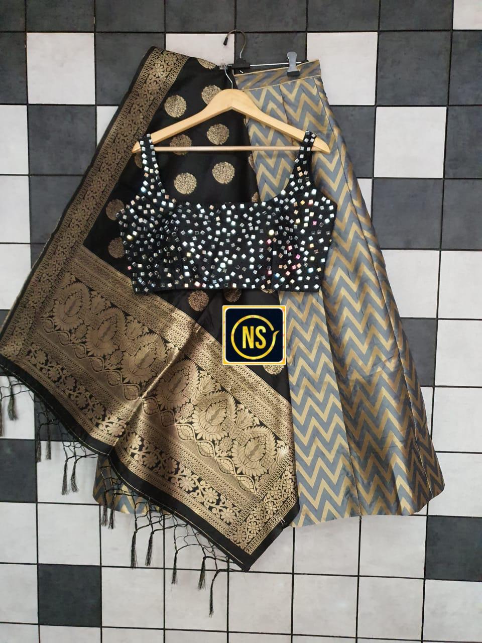 Banarasi Lehenga - Silk, Large Size | Multi Colour, Customized Stitching, Printed Design, Sleeveless Style, Ethnic Indian Wear