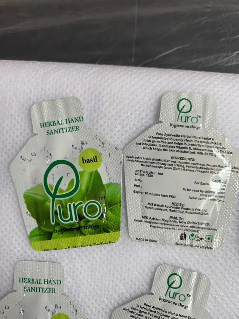 Puro Herbal Hand Sanitizer Gel - 0.300l Single Use Sachet | Moistrizing Formula For All Ages, Portable Design, Kills 99.99% Germs Instantly