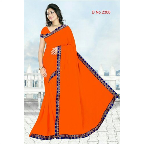 Ladies Chiffon Border Saree - 6 Meter Length, Orange Color | Party Wear with Blouse Piece, Handwash Care, Other Indian Style