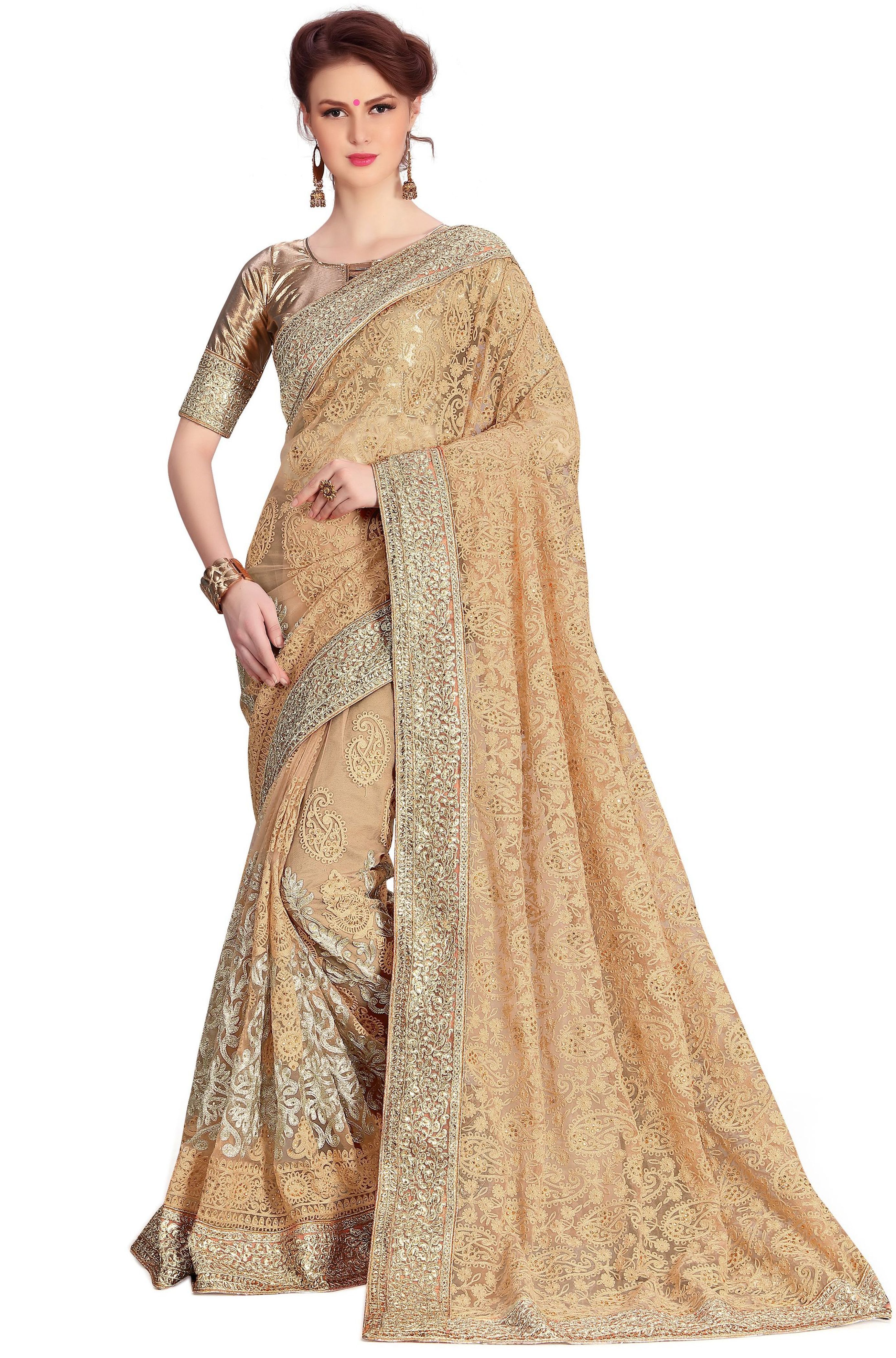 Beige Net Heavy Stone Embroidery Work Saree
