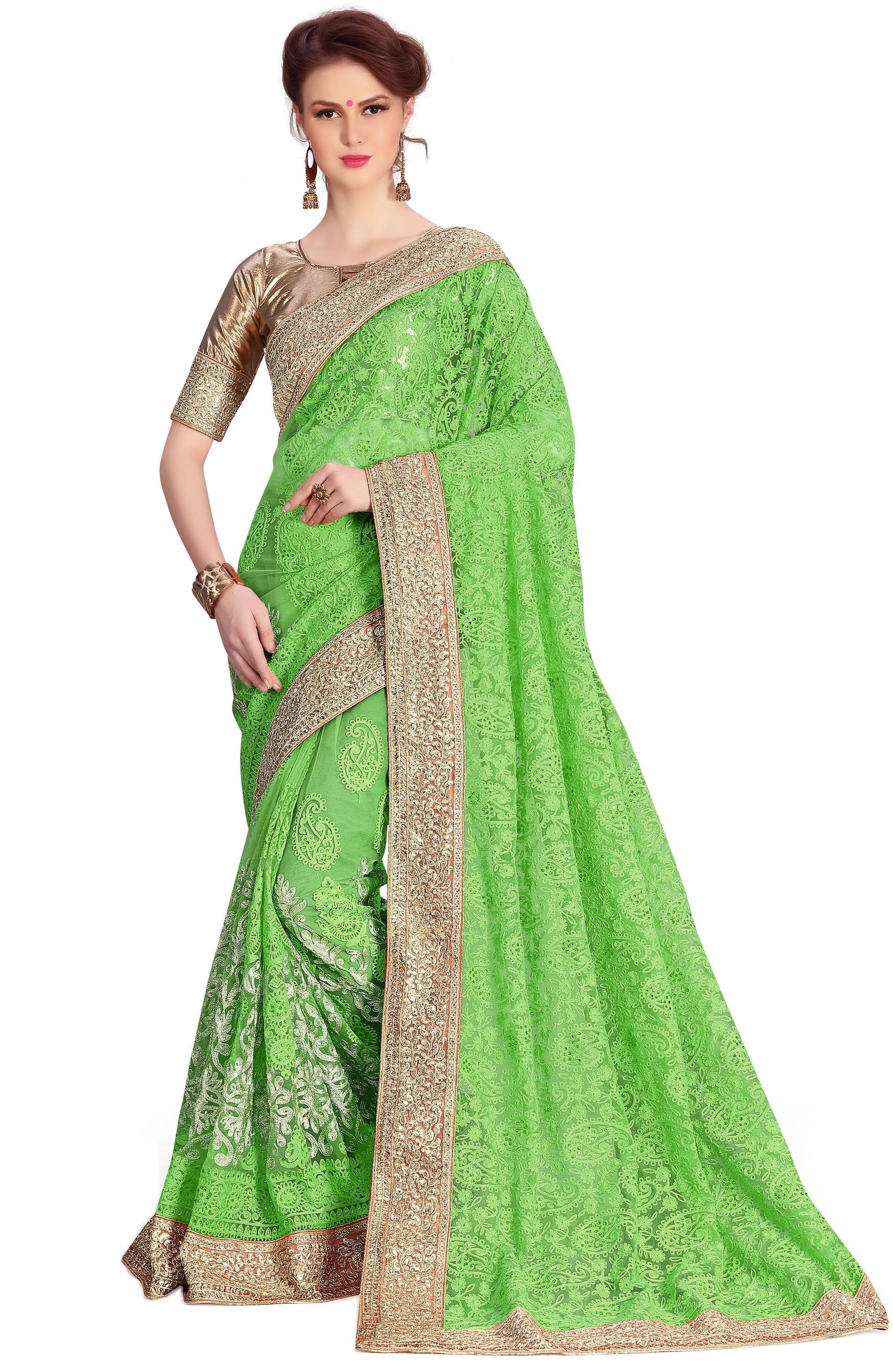 Beige Net Heavy Stone Embroidery Work Saree