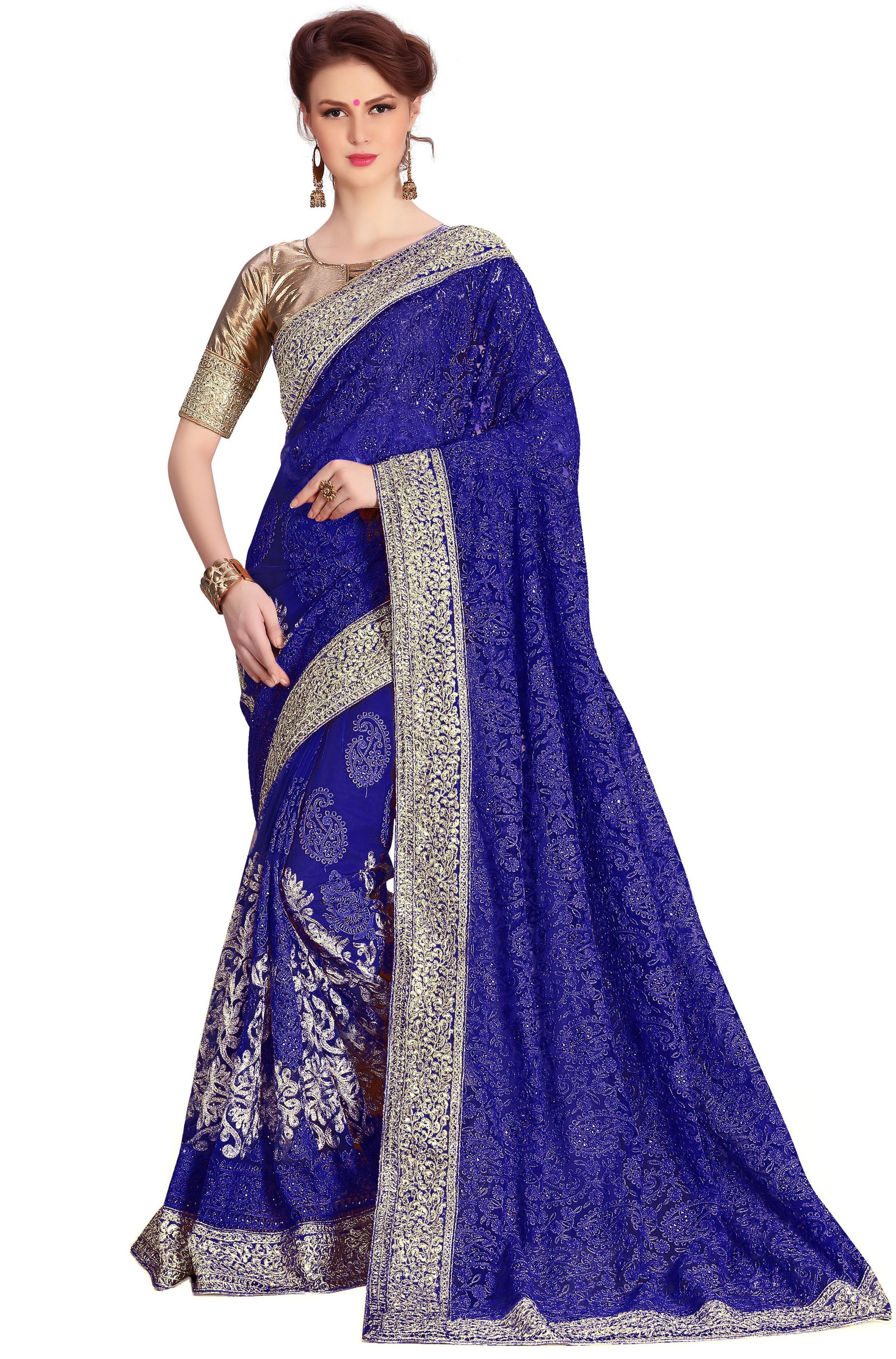 Beige Net Heavy Stone Embroidery Work Saree