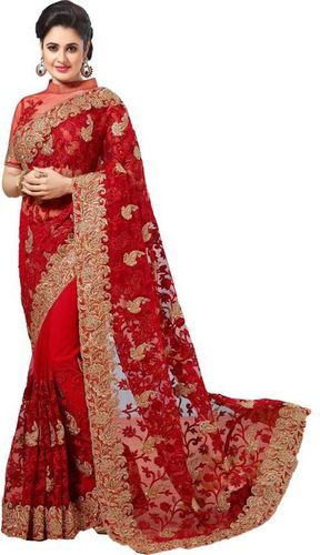 Red Net Heavy Embroidery Stone Work Saree