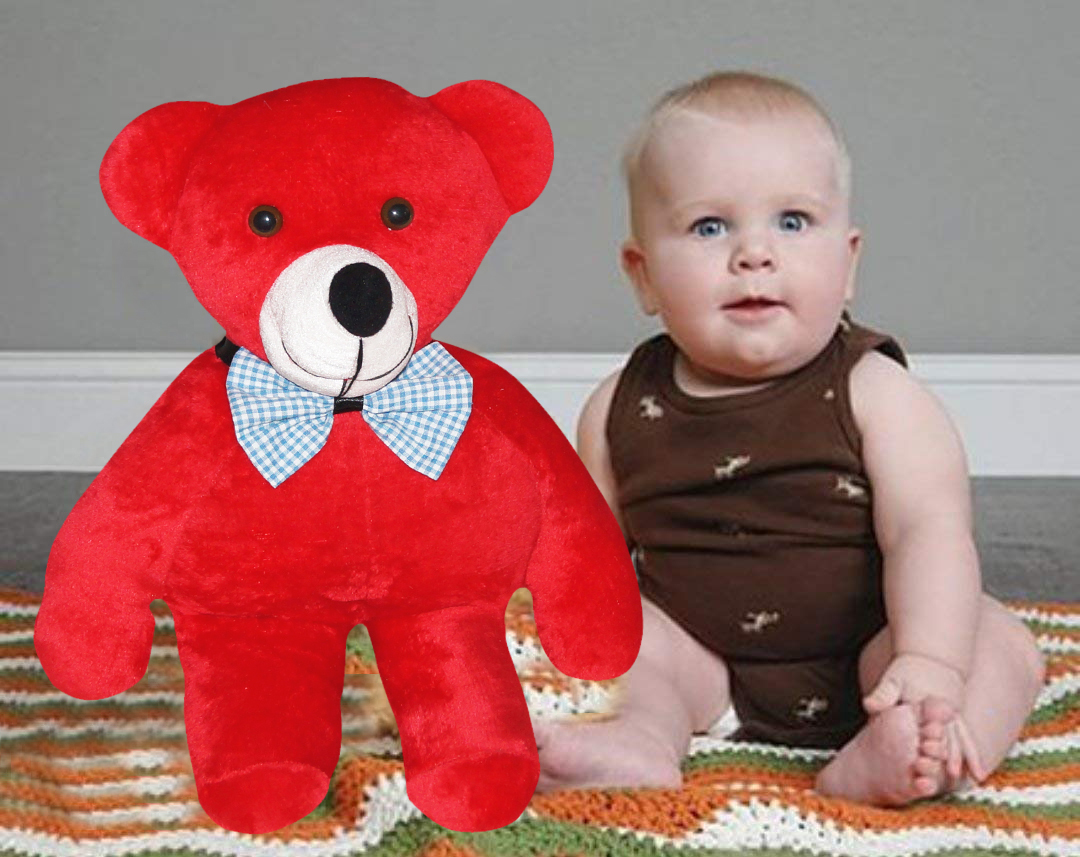 Teddy Bear - Polyester Material, 450 Grams, Red Color, Knitted Technique | Microfibre Stuffing, Plain Pattern, Ideal Baby Toy