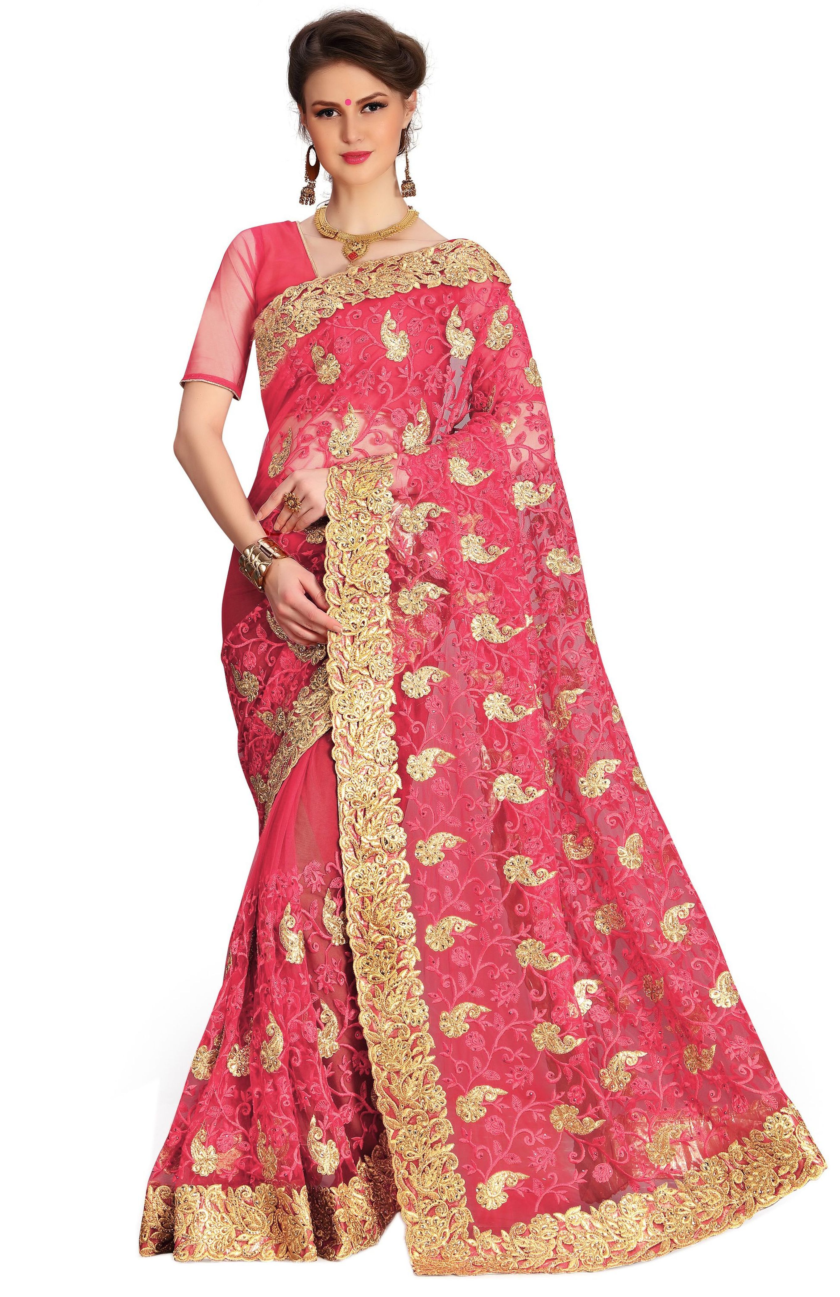 Red Net Heavy Embroidery Stone Work Saree