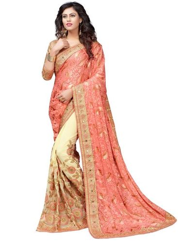 Orange Brasso & Georgette Mirror Embroidery Work, Half & Half Saree