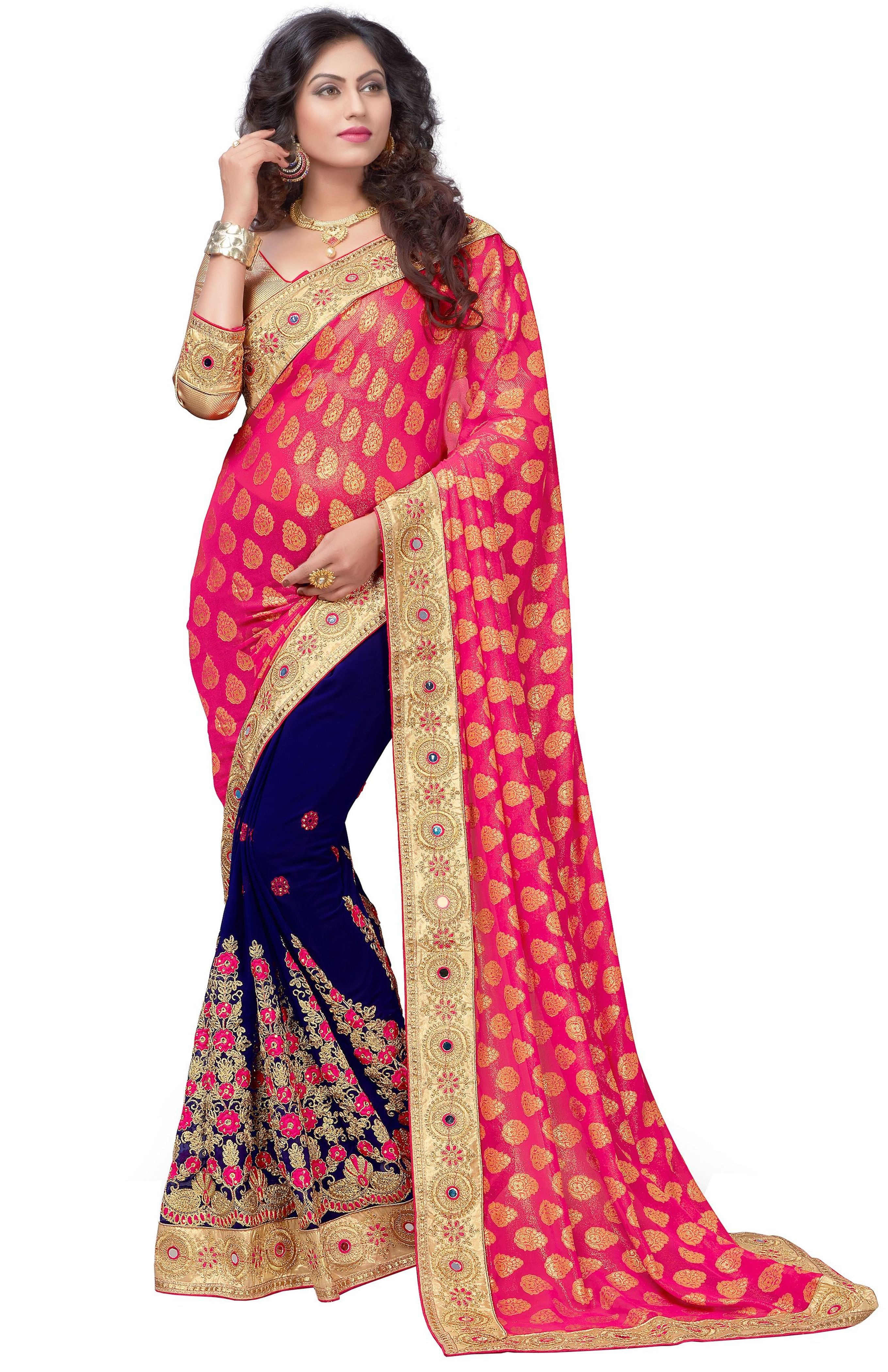 Green Brasso & Georgette Mirror Embroidery Work Saree
